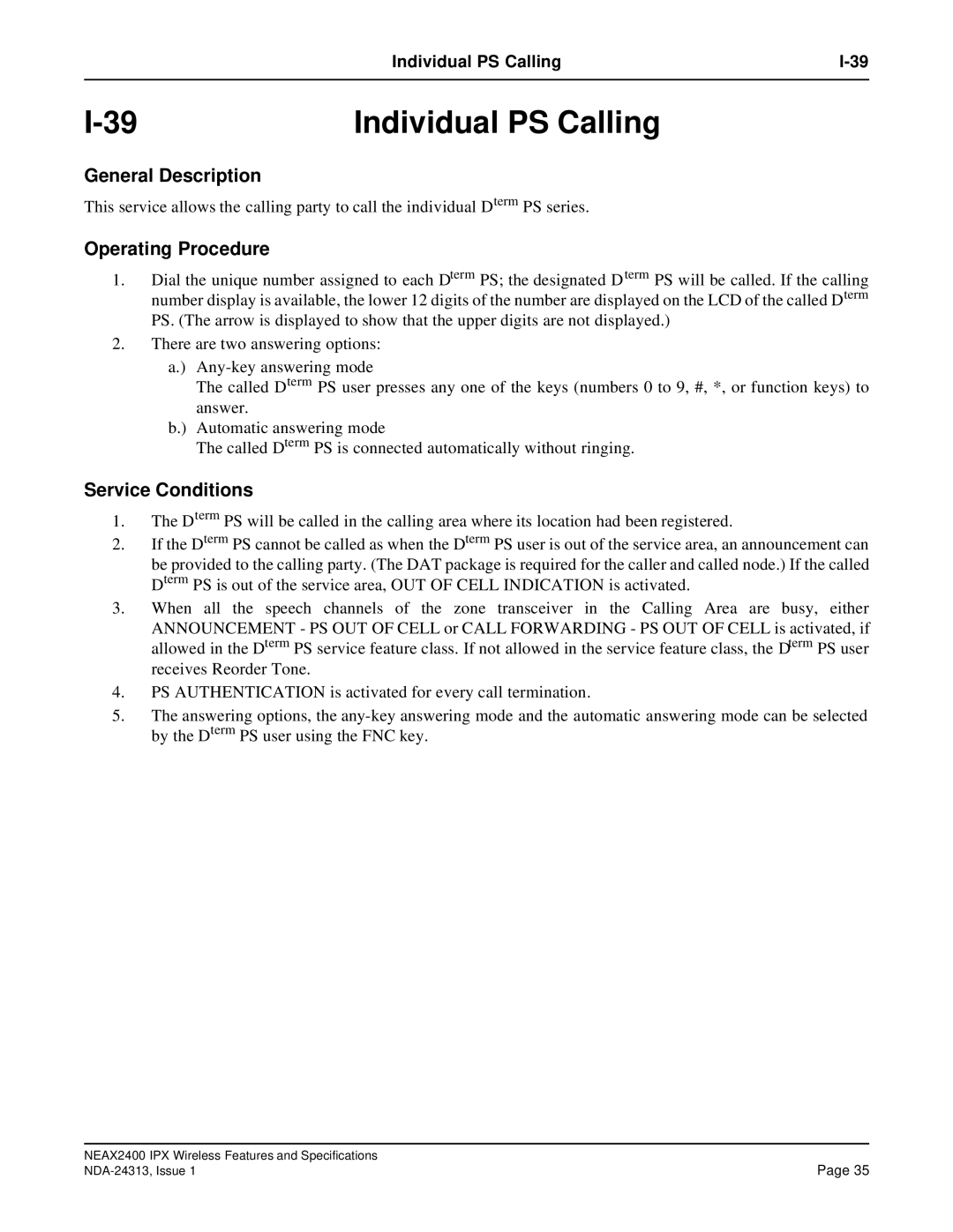 NEC nec specifications Individual PS Calling 