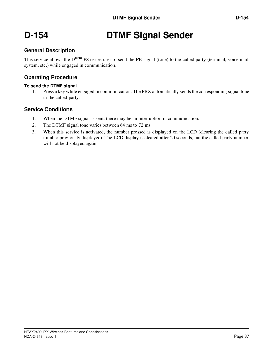 NEC nec specifications Dtmf Signal Sender 