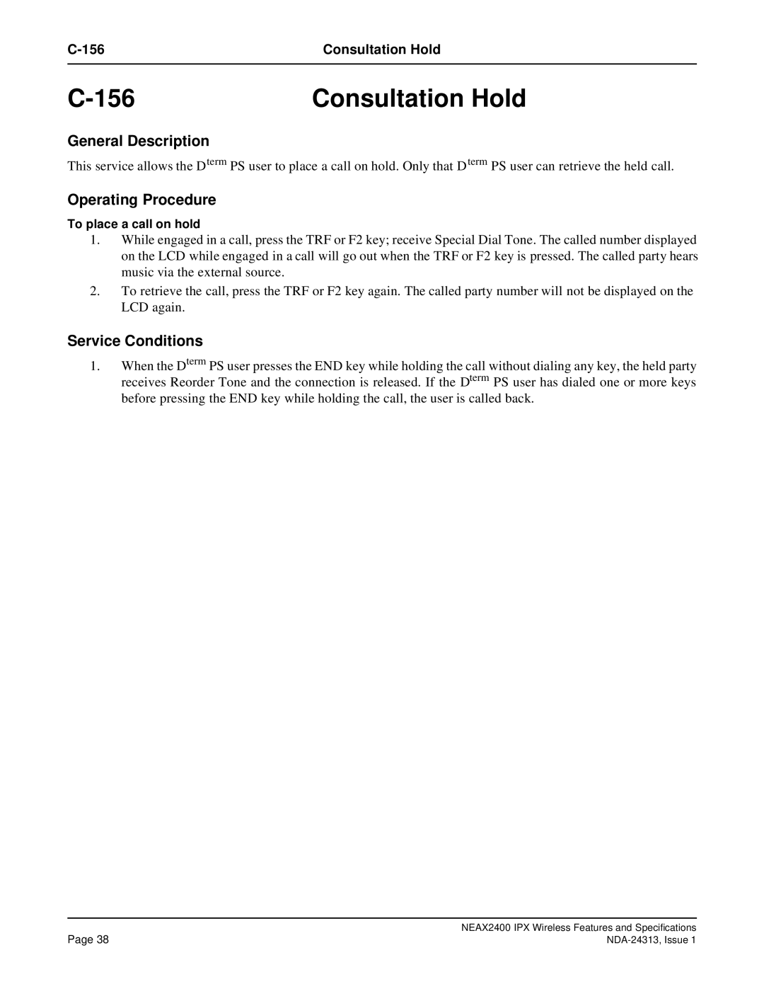 NEC nec specifications Consultation Hold 