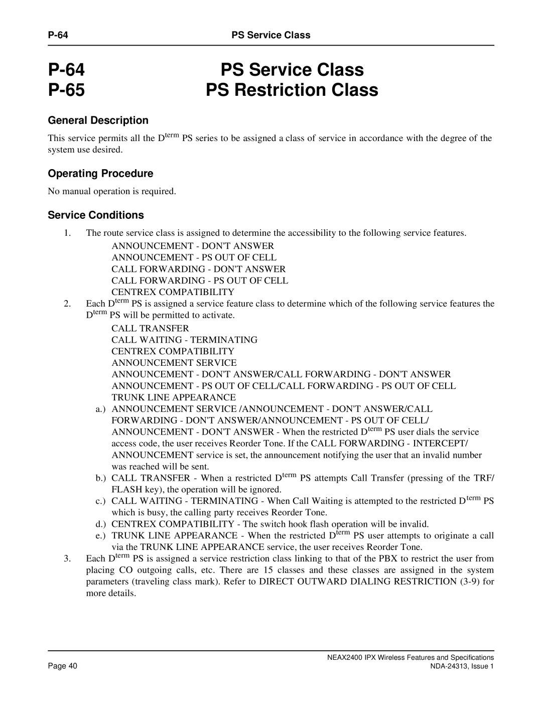 NEC nec specifications PS Service Class 