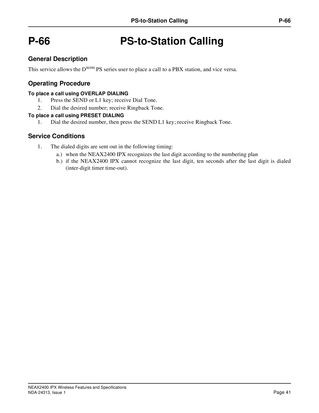 NEC nec specifications PS-to-Station Calling 