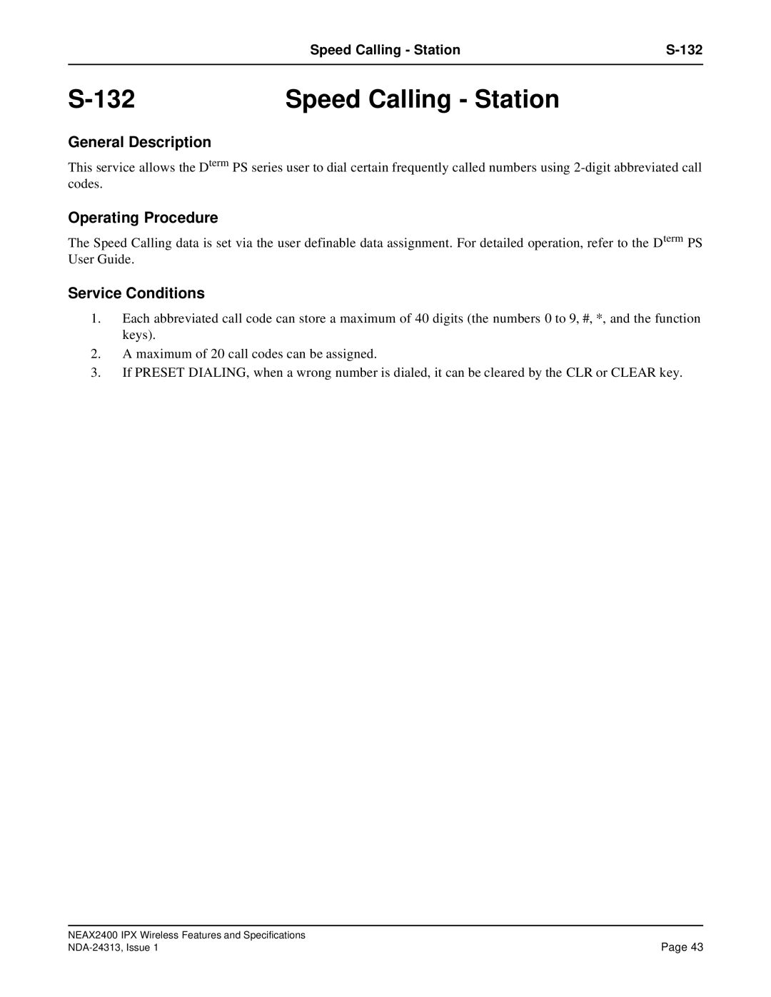 NEC nec specifications Speed Calling Station 