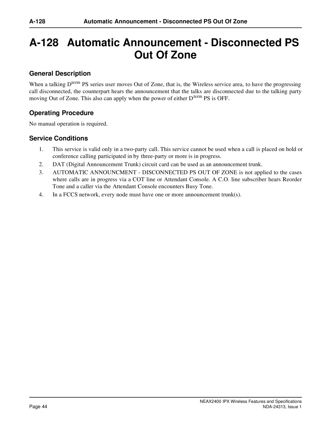 NEC specifications Automatic Announcement Disconnected PS Out Of Zone 