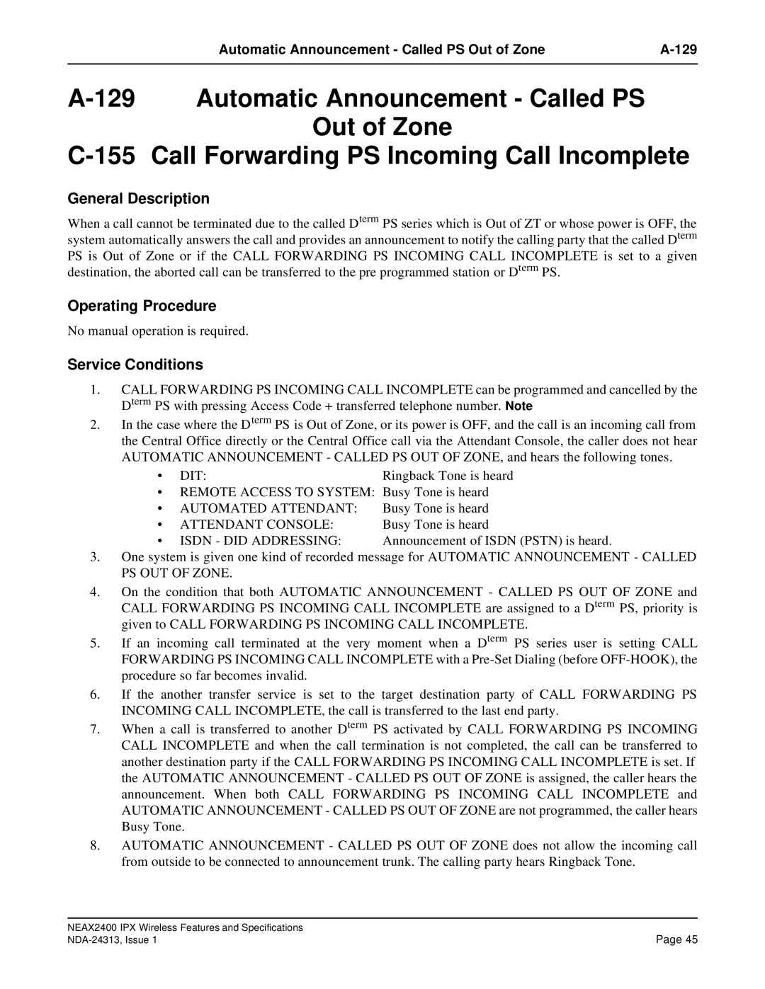 NEC nec specifications Automatic Announcement Called PS Out of Zone 129 