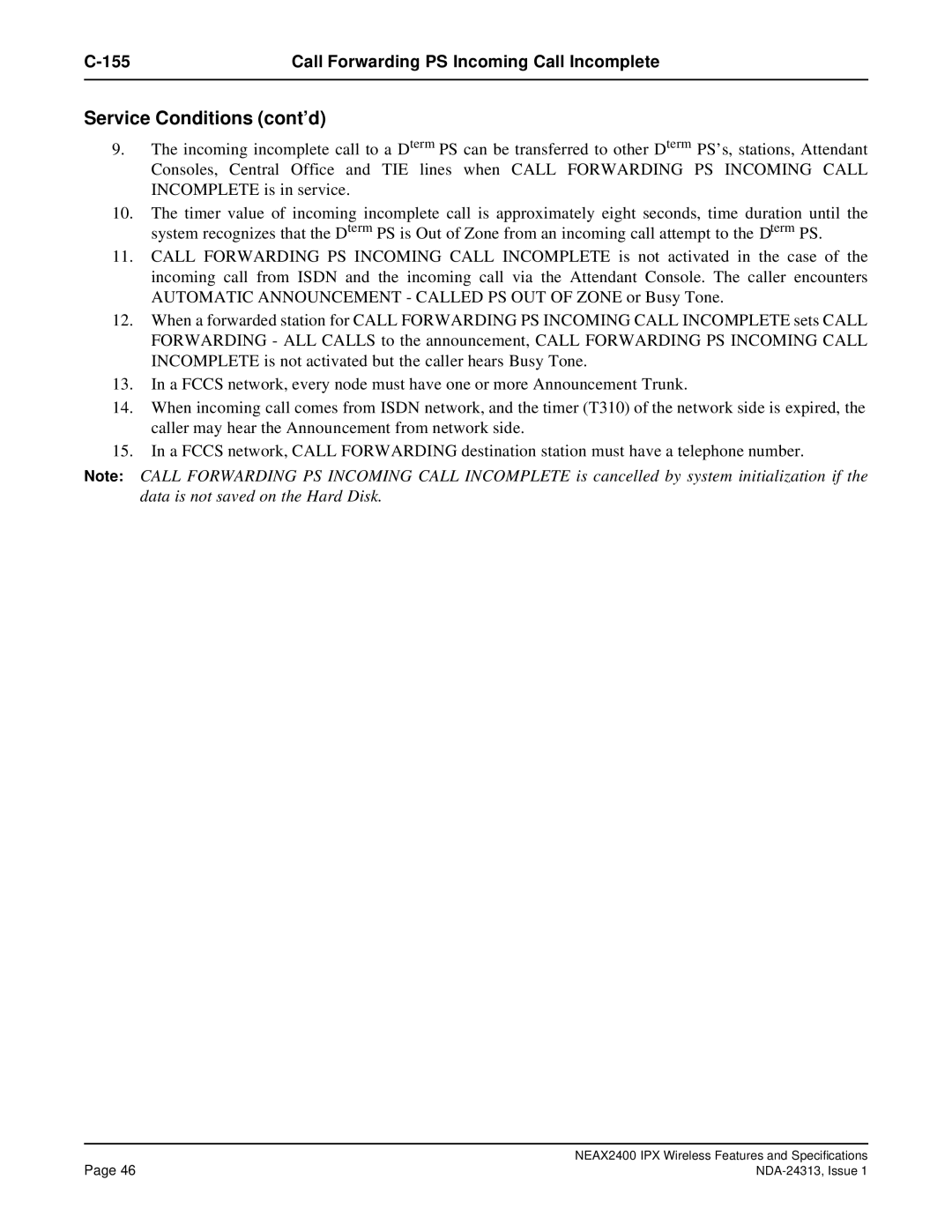 NEC nec specifications Service Conditions cont’d 