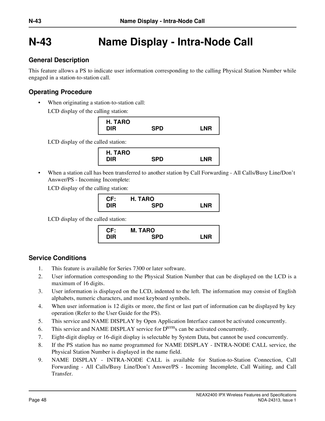 NEC nec specifications Name Display Intra-Node Call 