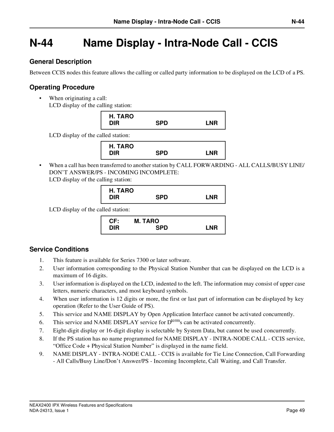 NEC nec specifications Name Display Intra-Node Call Ccis 