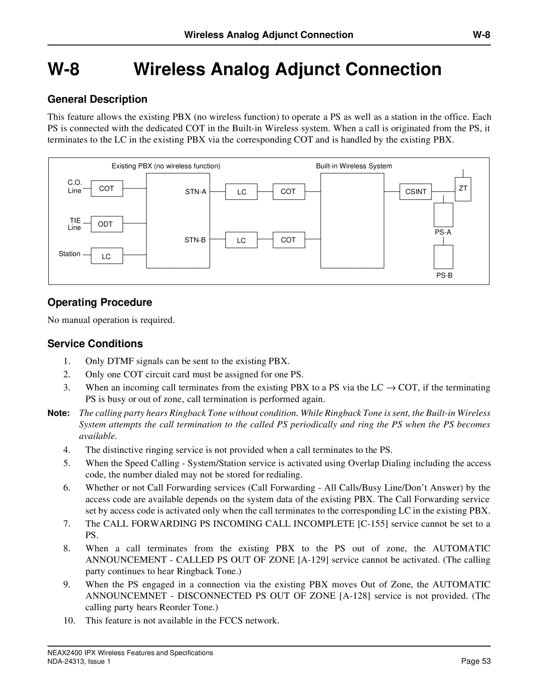 NEC specifications Wireless Analog Adjunct Connection, Available 