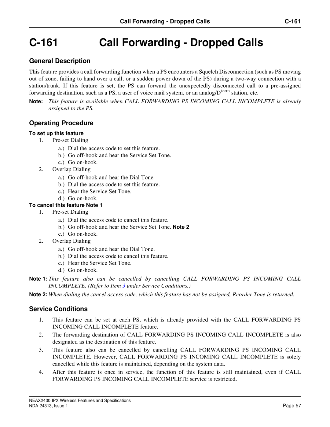 NEC nec specifications Call Forwarding Dropped Calls 