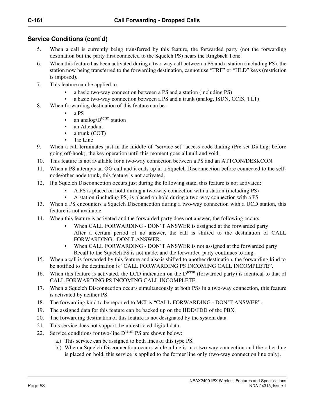 NEC nec specifications Call Forwarding Dropped Calls 