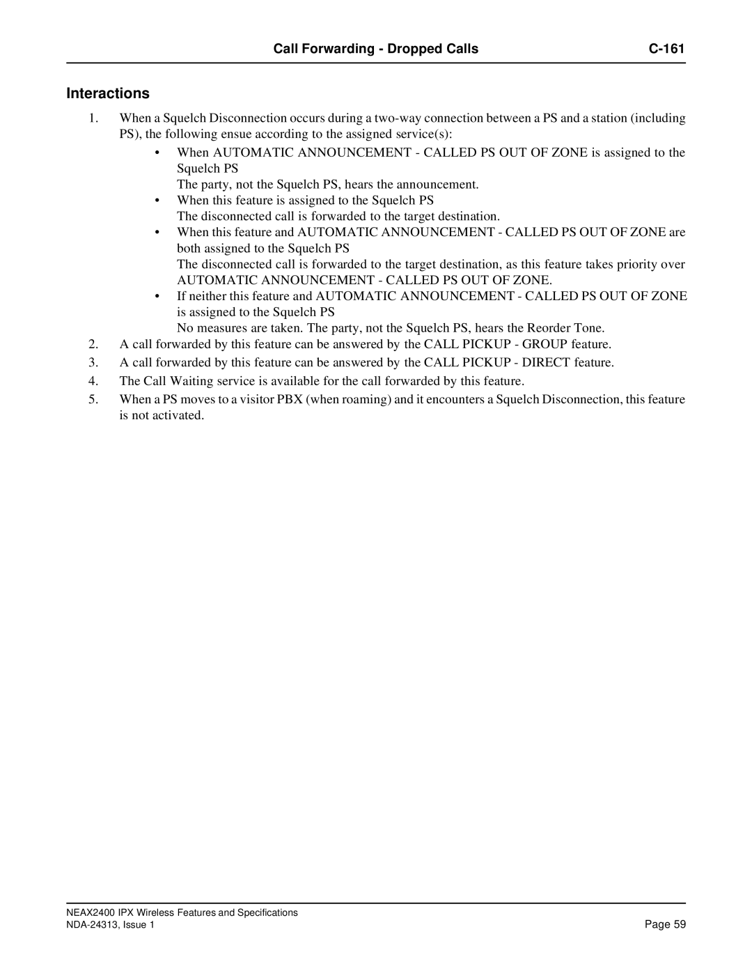 NEC nec specifications Automatic Announcement Called PS OUT of Zone 