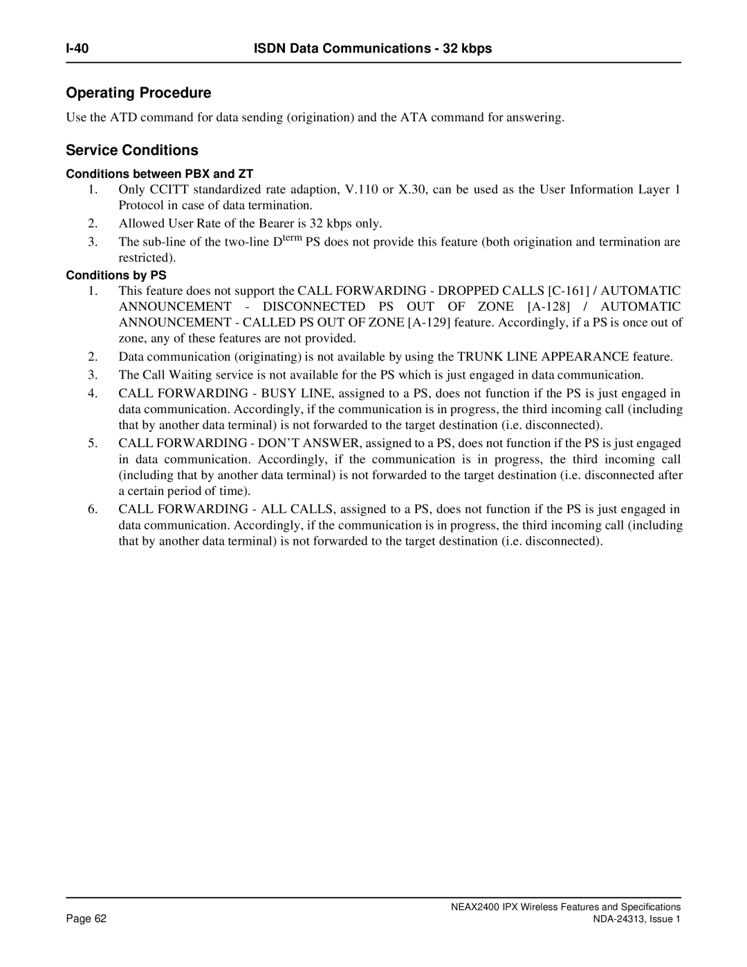 NEC nec specifications Conditions between PBX and ZT 