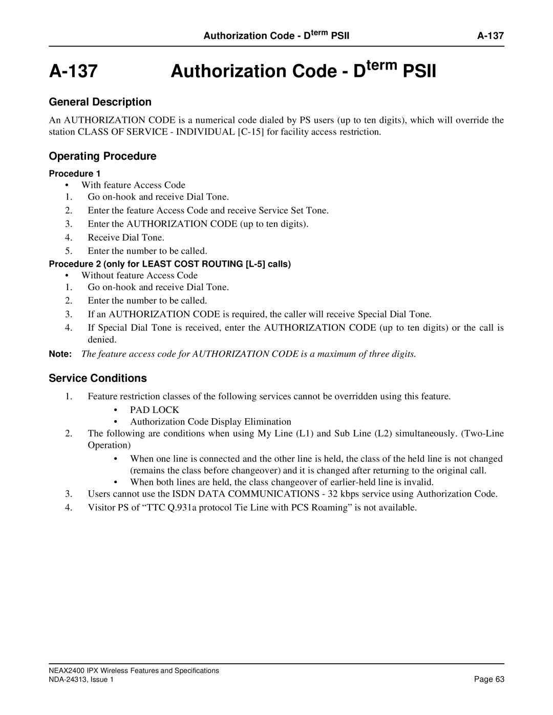 NEC nec specifications Authorization Code Dterm Psii, PAD Lock 