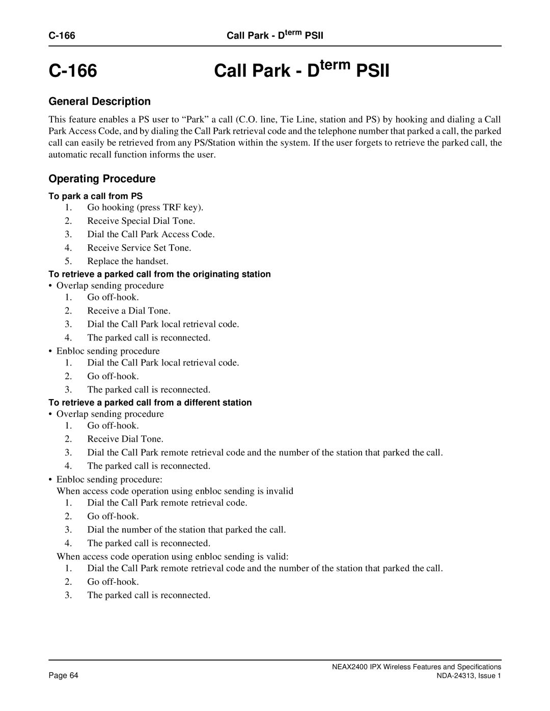 NEC nec specifications Call Park Dterm Psii 