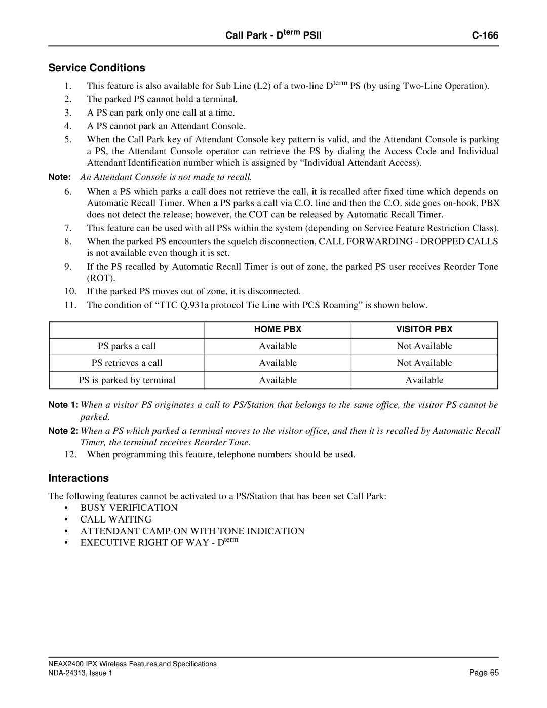 NEC nec specifications Call Park Dterm Psii 166 