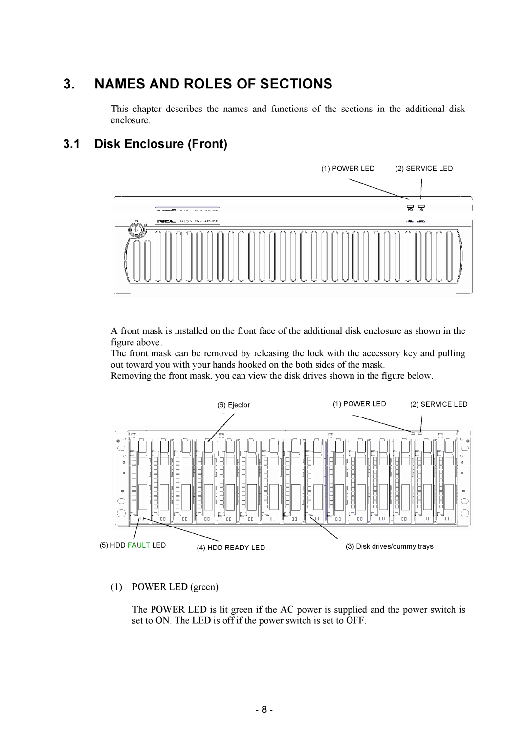 NEC NF2300-SE41E manual Names and Roles of Sections, Disk Enclosure Front 