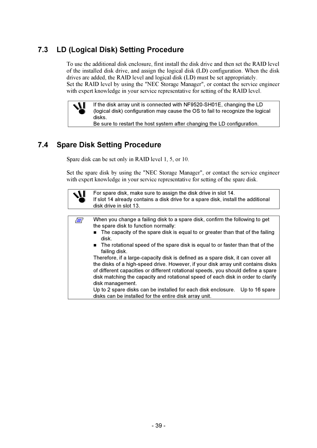 NEC NF2300-SE41E manual LD Logical Disk Setting Procedure, Spare Disk Setting Procedure 