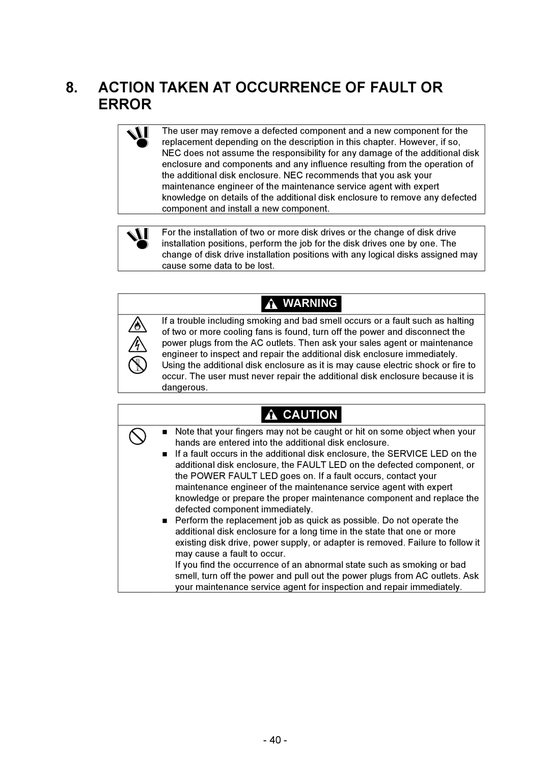 NEC NF2300-SE41E manual Action Taken AT Occurrence of Fault or Error 