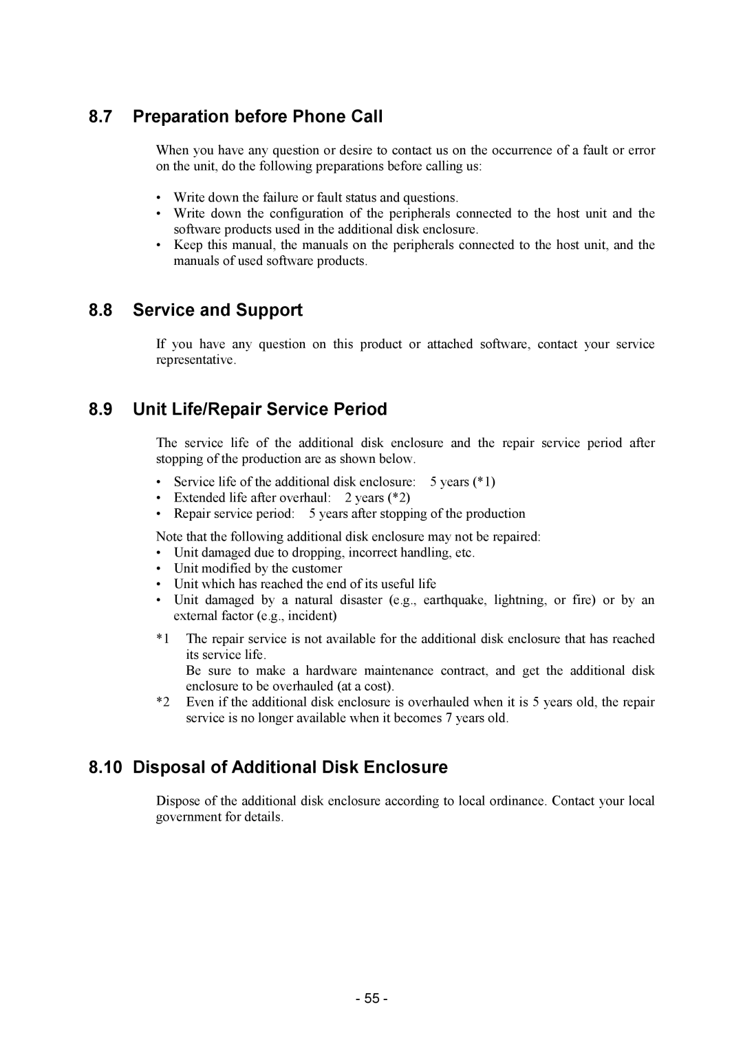 NEC NF2300-SE41E manual Preparation before Phone Call, Service and Support, Unit Life/Repair Service Period 