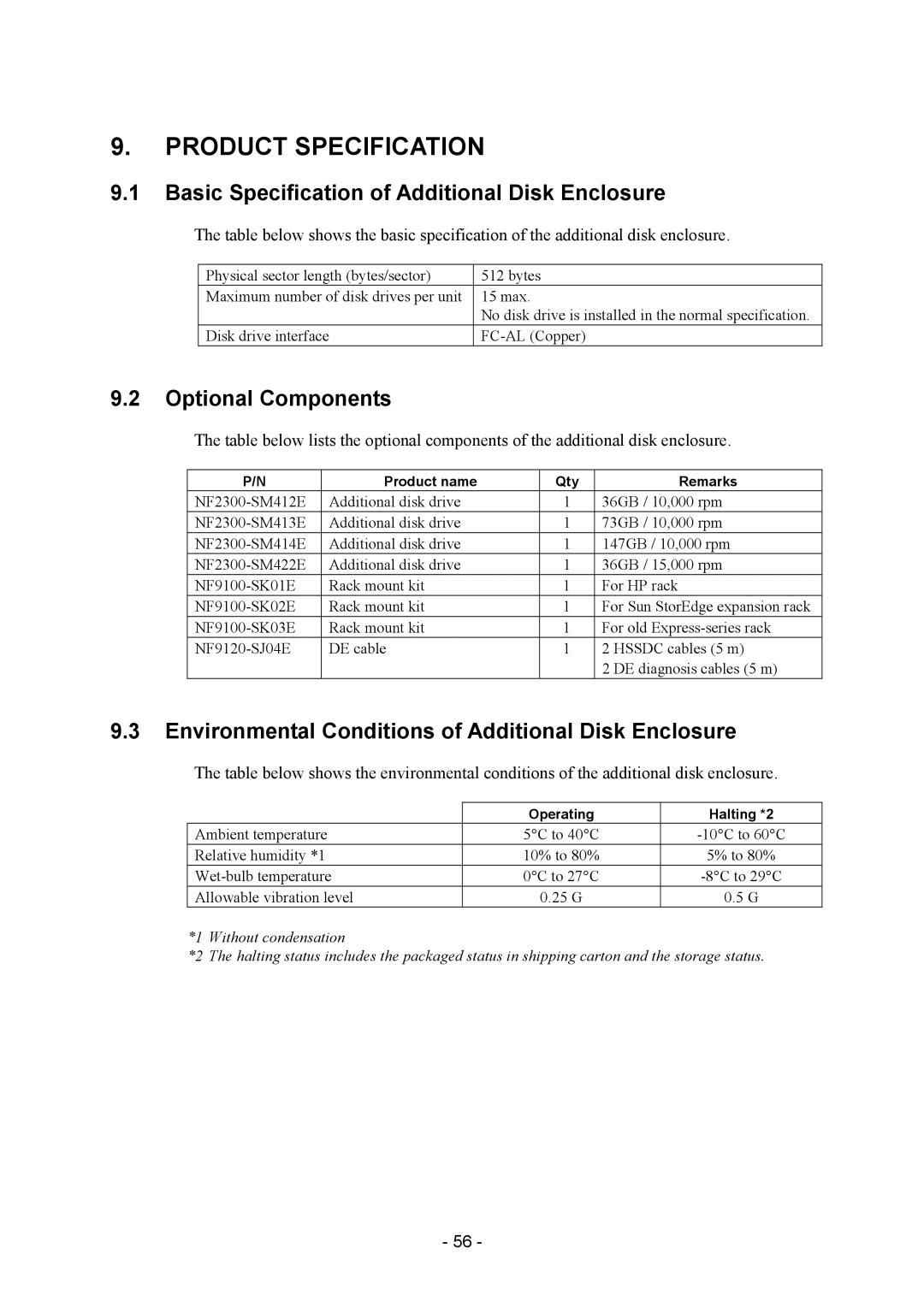 NEC NF2300-SE41E manual Product Specification, Basic Specification of Additional Disk Enclosure, Optional Components 