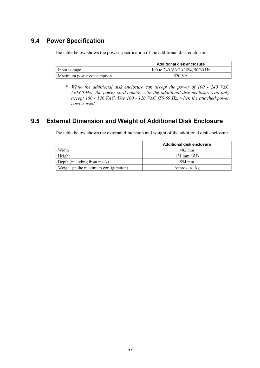 NEC NF2300-SE41E manual Power Specification, External Dimension and Weight of Additional Disk Enclosure 