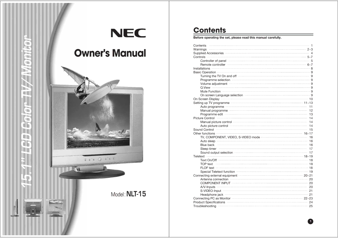 NEC NLT-15 owner manual LCD Color TV/ Monitor, Contents 