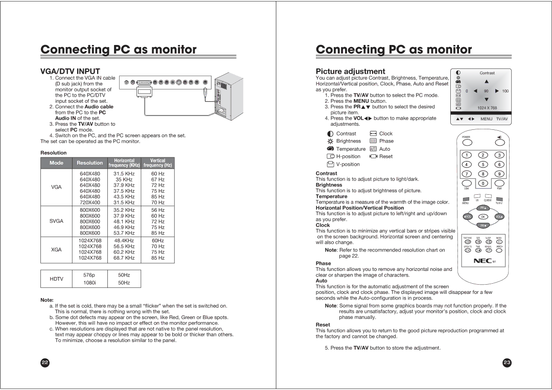 NEC NLT-15 owner manual Connecting PC as monitor, VGA/DTV Input, Picture adjustment 