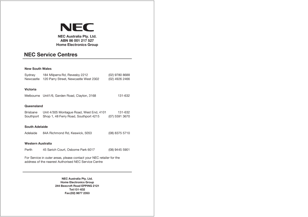 NEC NLT-15 owner manual ABN 86 001 217 Home Electronics Group 