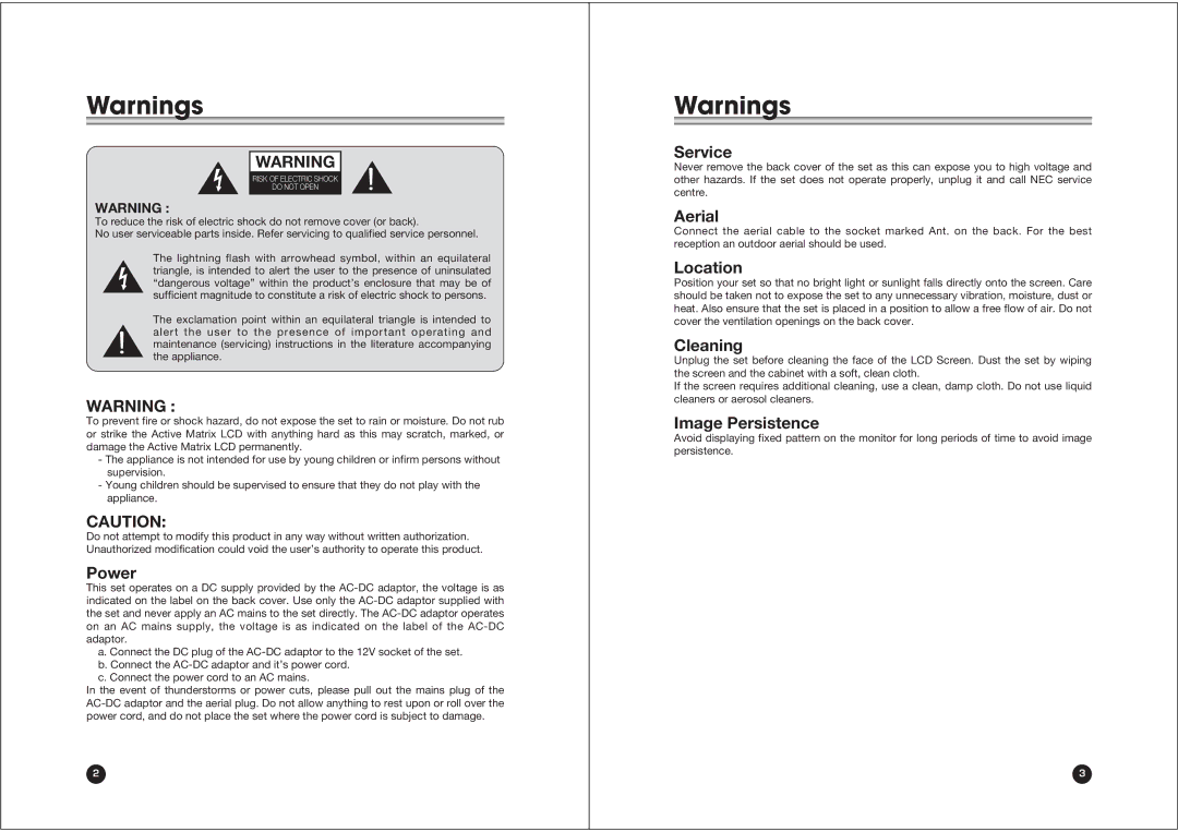 NEC NLT-15 owner manual Power, Service, Aerial, Location, Cleaning, Image Persistence 