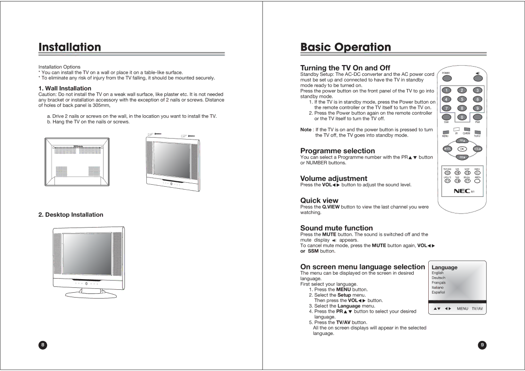 NEC NLT-15 owner manual Installation Basic Operation 