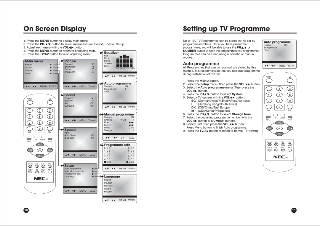 NEC NLT-15 owner manual On Screen Display Setting up TV Programme, Auto programme 