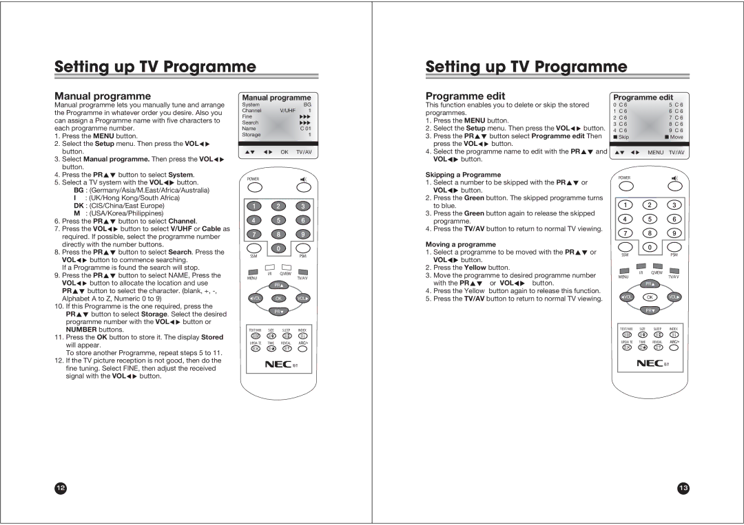 NEC NLT-15 owner manual Manual programme, Programme edit, Skipping a Programme, Moving a programme 