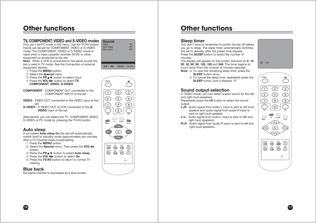 NEC NLT-15 owner manual Other functions, Auto sleep, Blue back, Sleep timer, Sound output selection 