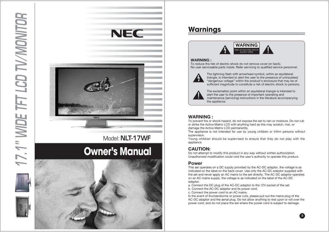 NEC NLT-17WF owner manual Wide TFT LCD TV/MONITOR, Power 