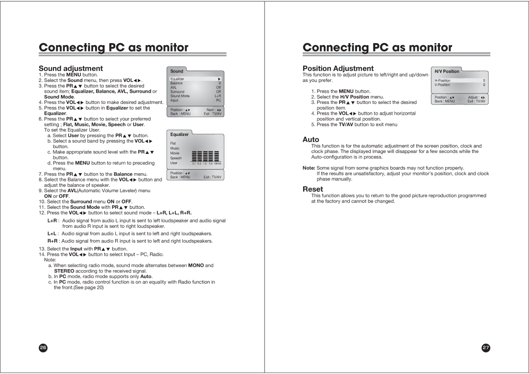 NEC NLT-17WF owner manual Sound adjustment, Position Adjustment, Auto, Reset 