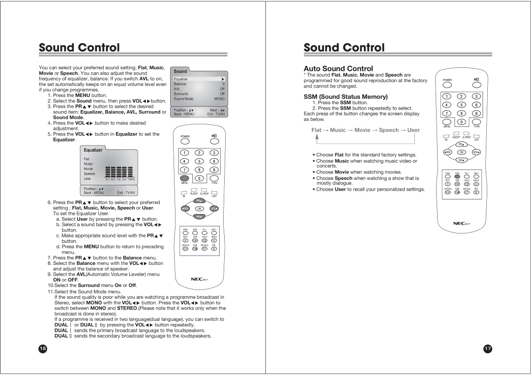 NEC NLT-17WF owner manual Auto Sound Control, Press the VOLÏq button in Equalizer to set the Equalizer, On or OFF 