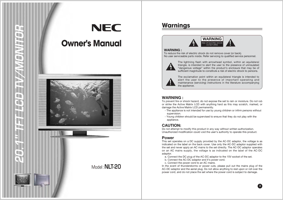 NEC NLT-20 owner manual Tft Lcd Tv/Monitor, Power 