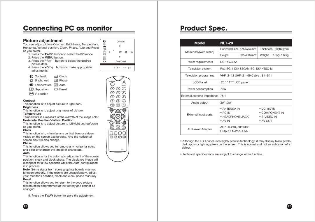 NEC NLT-20 owner manual Product Spec, Picture adjustment 