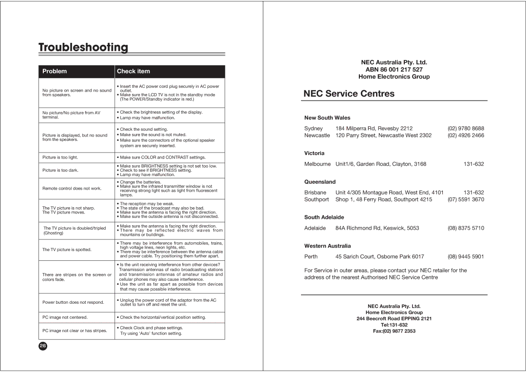 NEC NLT-20 owner manual Troubleshooting 