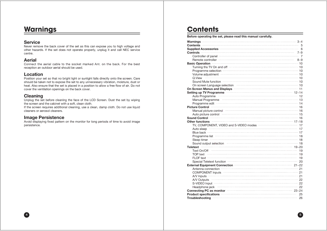 NEC NLT-20 owner manual Contents 