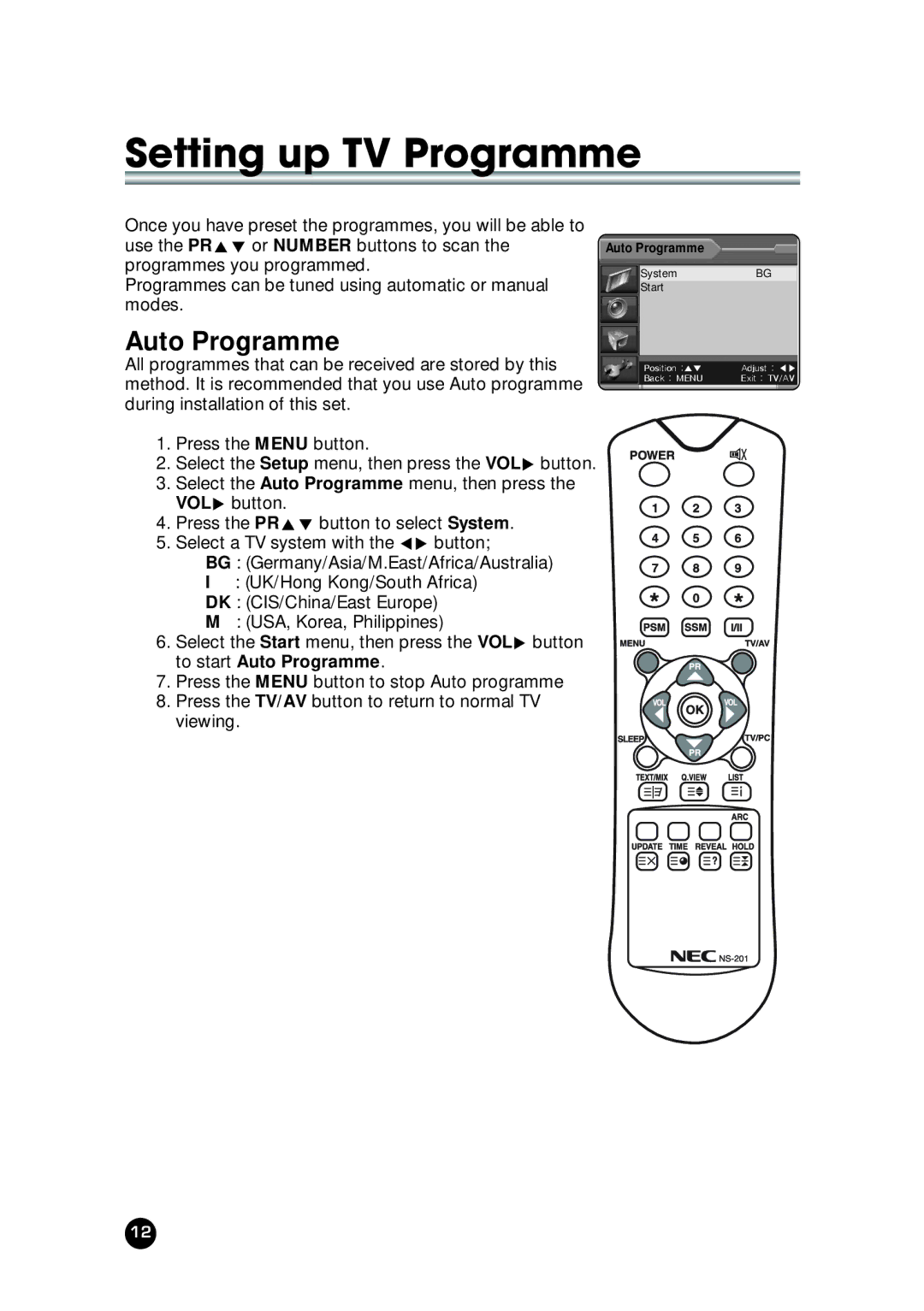 NEC NLT-23WQ user manual Setting up TV Programme, Auto Programme 