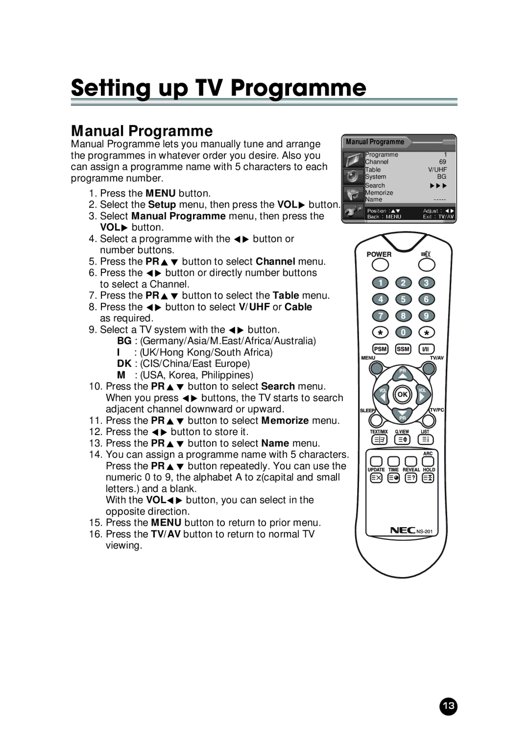 NEC NLT-23WQ user manual Manual Programme 