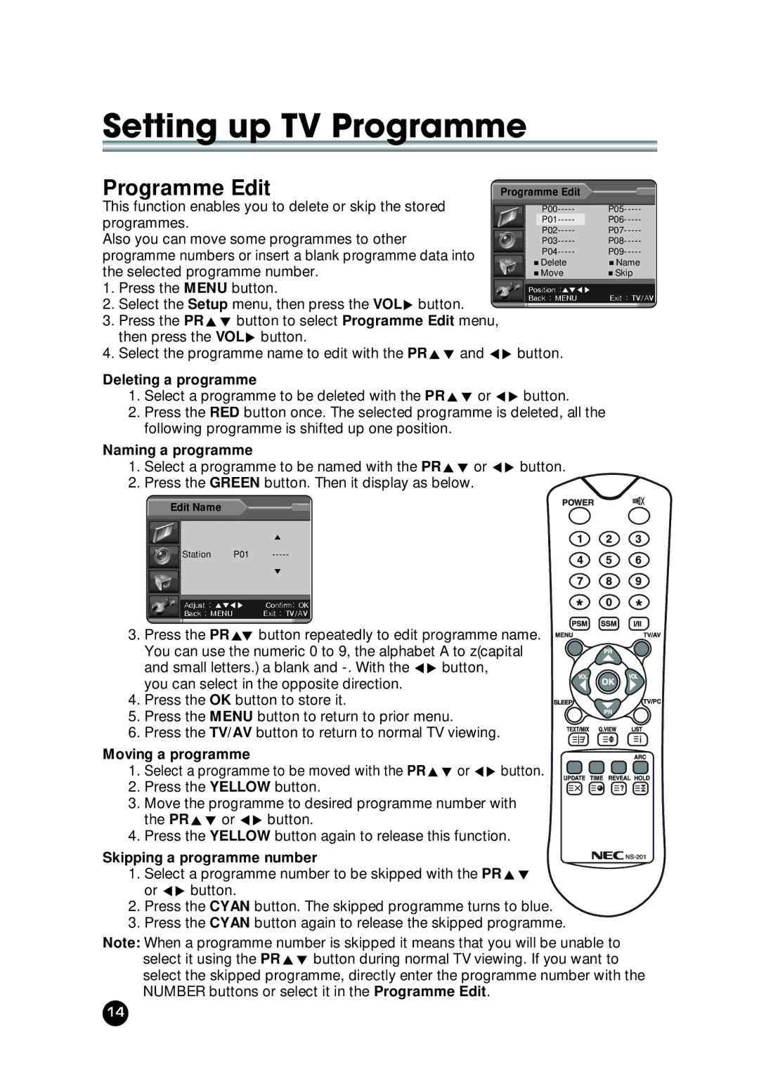 NEC NLT-23WQ Programme Edit, Deleting a programme, Naming a programme, Moving a programme, Skipping a programme number 