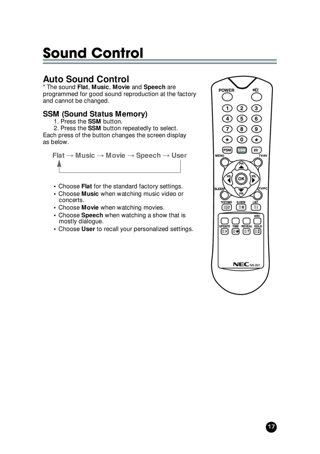 NEC NLT-23WQ user manual Auto Sound Control, Flat → Music → Movie → Speech → User 