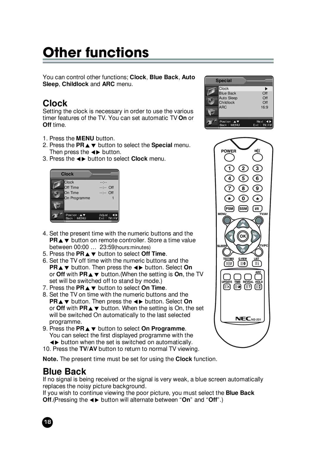 NEC NLT-23WQ user manual Other functions, Clock, Blue Back 