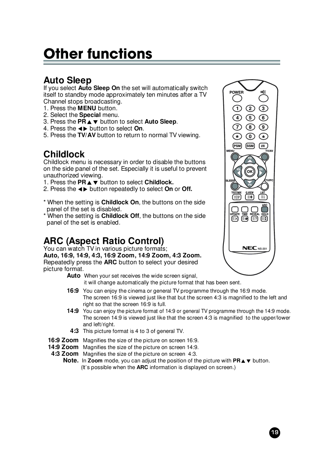 NEC NLT-23WQ user manual Auto Sleep, Childlock, ARC Aspect Ratio Control 