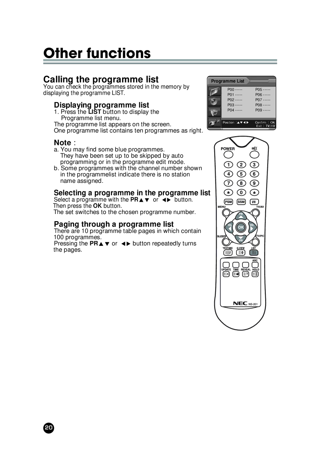 NEC NLT-23WQ user manual Calling the programme list, Displaying programme list 