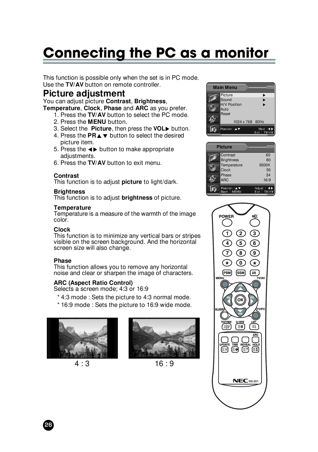 NEC NLT-23WQ user manual Picture adjustment 