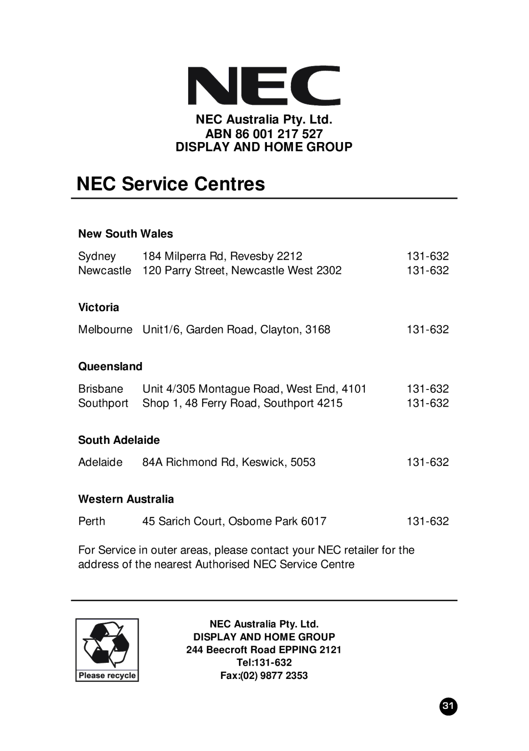 NEC NLT-23WQ user manual NEC Service Centres, Beecroft Road Epping Tel131-632 Fax02 9877 