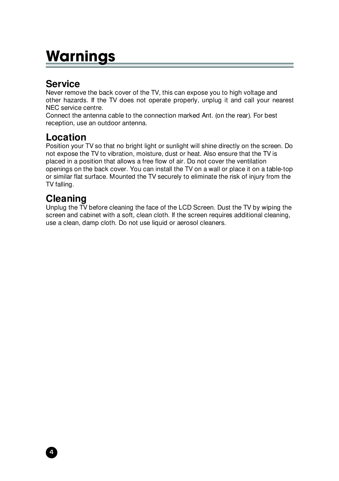 NEC NLT-23WQ user manual Service, Location, Cleaning 